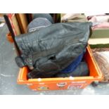 A QUANTITY OF MOTORCYCLE PROTECTIVE CLOTHING, TO INCLUDE LEATHER JACKET, BOOTS ETC.