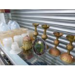 SEVENTEEN VARIOUS GLASS LIGHT SHADES, TWO PAIRS OF BRASS CANDLESTICKS, A JAR AND COVER AND A