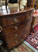 A VICTORIAN MAHOGANY BOW FRONT CHEST OF TWO SHORT AND THREE LONG DRAWERS. W 108 x D 54 x H 103cms.