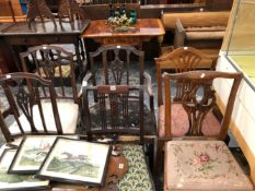 A SET OF THREE 19th C. MAHOGANY CHAIRS TO INCLUDE ONE WITH ARMS TOGETHER WITH THREE OTHER CHAIRS