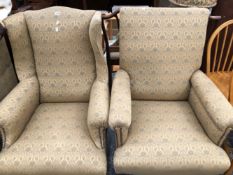 TWO ARMCHAIRS AND A SETTEE UPHOLSTERED EN SUITE, THE SETTEE. W 218 x D 72 x H 112cms.
