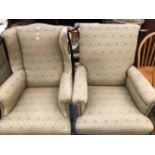 TWO ARMCHAIRS AND A SETTEE UPHOLSTERED EN SUITE, THE SETTEE. W 218 x D 72 x H 112cms.