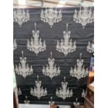 TWO UNUSED BLACK AND SILVER CHANDELIER PATTERN ROMAN BLINDS 37" WIDE X 48" DROP