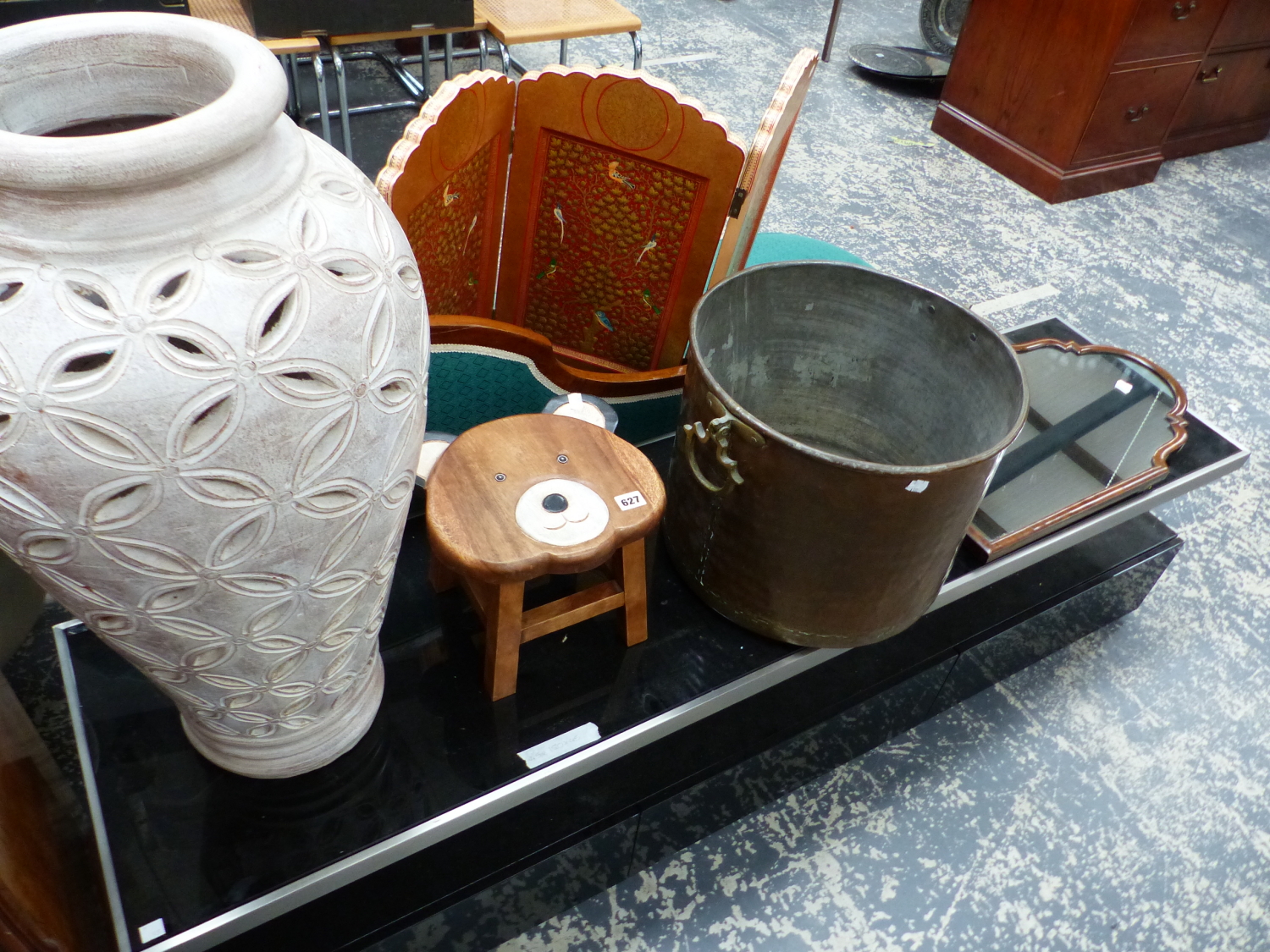 A LARGE COPPER LOG BIN, A CHILD'S STOOL, AN ORNAMENTAL LARGE VASE AND A VICTORIAN WALL MIRROR