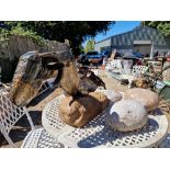 TWO METAL HORSE SCULPTURES AND THREE FAUX ROCKS