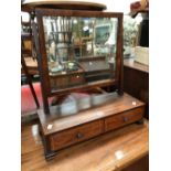 A 19th C. LINE INLAID MAHOGANY DRESSING TABLE MIRROR, THE BEVELLED RECTANGULAR PLATE SUPPORTED ON