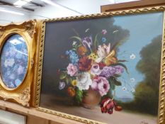 AN OIL ON CANVAS STILL LIFE ON FLOWERS, SIGNED JAN, ANOTHER SIGNED INDISTINCTLY, SHAM??, TOGETHER