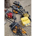 FIVE VARIOUS CHAIN SAWS AND A TRANSFORMER