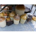 TWO TONE STONEWARE FLASKS, A PAIR OF HAMES, A CLOTHES IRON, ETC.