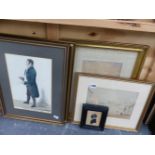 TWO 19th C. WATERCOLOURS, A SILHOUETTE PICTURE AND TWO PRINTS.