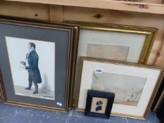 TWO 19th C. WATERCOLOURS, A SILHOUETTE PICTURE AND TWO PRINTS.