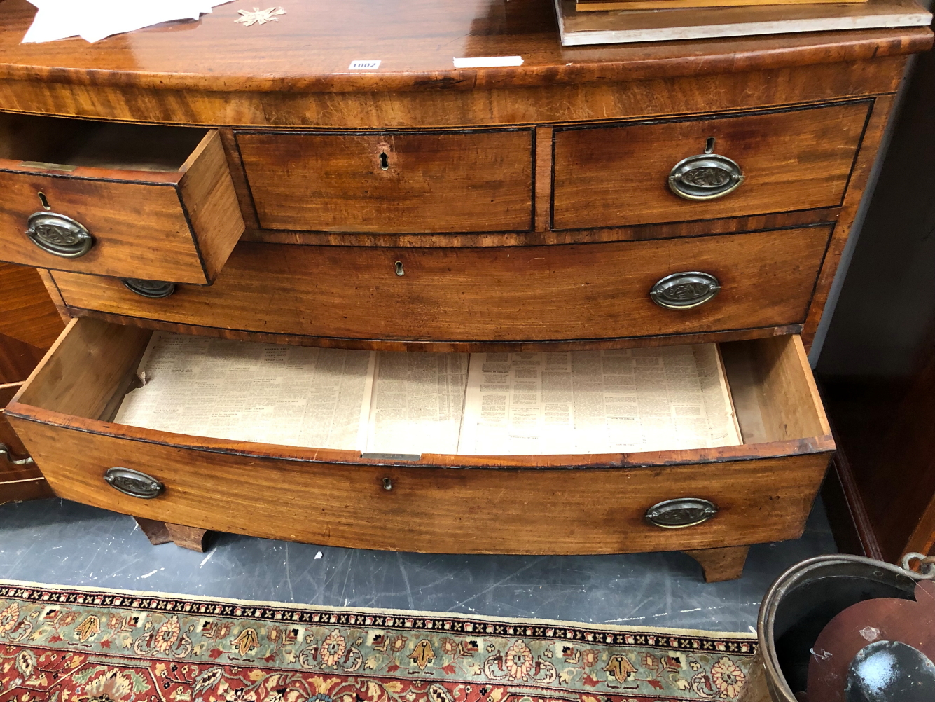 A 19th C. MAHOGANY BOW FRONT CHEST OF THREE SHORT AND THREE GRADED LONG DRAWERS WITH EBONY LINE - Image 2 of 2