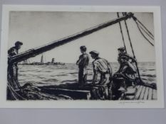 MUIRHEAD BONE (1876-1953) SALVAGE MEN APPROACHING A TORPEDOED SHIP, PENCIL SIGNED ETCHING. 15 x