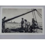 MUIRHEAD BONE (1876-1953) SALVAGE MEN APPROACHING A TORPEDOED SHIP, PENCIL SIGNED ETCHING. 15 x