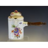 AN 18th C. FRANKENTHAL CHOCOLATE POT AND COVER, THE CYLINDRICAL SIDES PAINTED WITH SPRIGS AND SPRAYS