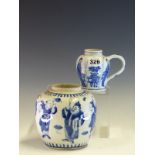 AN 18th C. CHINESE BLUE AND WHITE MUSTARD POT PAINTED LANCEOLATE PANELS OF LADIES AND FLOWERS. H