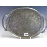 AN ENGLISH PEWTER TWO HANDLED OVAL TRAY DESIGNED BY ARCHIBALD KNOX FOR LIBERTY AND CO. W 36cms.
