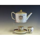TWO LATE 18th/EARLY 19th C. CHINESE COFFEE CUPS, A SAUCER AND A TEA POT AND COVER, EACH PAINTED WITH