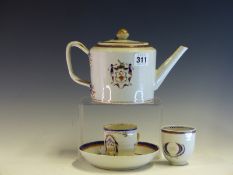 TWO LATE 18th/EARLY 19th C. CHINESE COFFEE CUPS, A SAUCER AND A TEA POT AND COVER, EACH PAINTED WITH