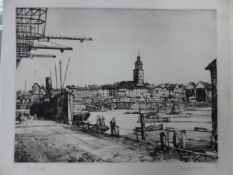 JOHN C. MOOD? (20th C. ENGLISH SCHOOL) THREE PENCIL SIGNED ETCHINGS, PORTSMOUTH, RAMSGATE AND THE