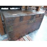 A 19th CENTURY IRON BOUND PINE BLANKET CHEST. ZINC LINED INTERIOR H 50 X W 91 X D 53cms.