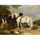 19th CENTURY ENGLISH SCHOOL "FEEDING THE HORSES" OIL ON CANVAS 51 x 61 cms