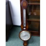 A SHELL AND ROSETTE MARQUETRIED MAHOGANY BAROMETER WITH AN ALCOHOL THERMOMETER ABOVE THE SILVERED