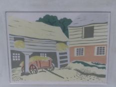 ATTRIBUTED TO PATRICK PROCTOR (1936-2003) ARR. FARMYARD, PENCIL SIGNED COLOUR WOODCUT. 23 x 28cms
