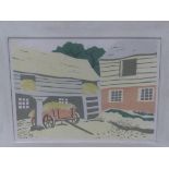 ATTRIBUTED TO PATRICK PROCTOR (1936-2003) ARR. FARMYARD, PENCIL SIGNED COLOUR WOODCUT. 23 x 28cms