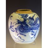 A CHINESE BLUE AND WHITE JAR PAINTED WITH A DRAGON, ITS CLAWS REACHING FOR A SACRED PEARL. H
