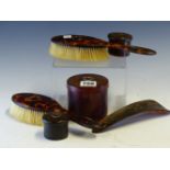 A LATE VICTORIAN TORTOISESHELL PART VANITY SET EACH PIECE INLAID WITH A GOLDEN HEART, COMPRISING: