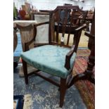 A PAIR OF ANTIQUE ADAMS STYLE MAHOGANY ARMCHAIRS WITH CARVED DECORATED BACKS.