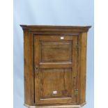 A 19th C. PINE CORNER CUPBOARD, THE TWO PANELLED DOOR ENCLOSING THREE SHELVES. H 83 x W 70cms.