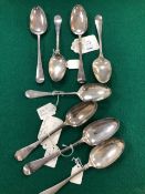 EIGHT 18th CENTURY SILVER HANOVERIAN PATTERN TABLE SPOONS BY VARIOUS MAKERS AND OF VARIOUS LONDON