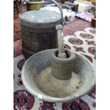 A SCANDINAVIAN BENT WOOD AND COOPERED FLOWER BARREL, A WOODEN BOWL AND A PESTLE AND MORTAR.