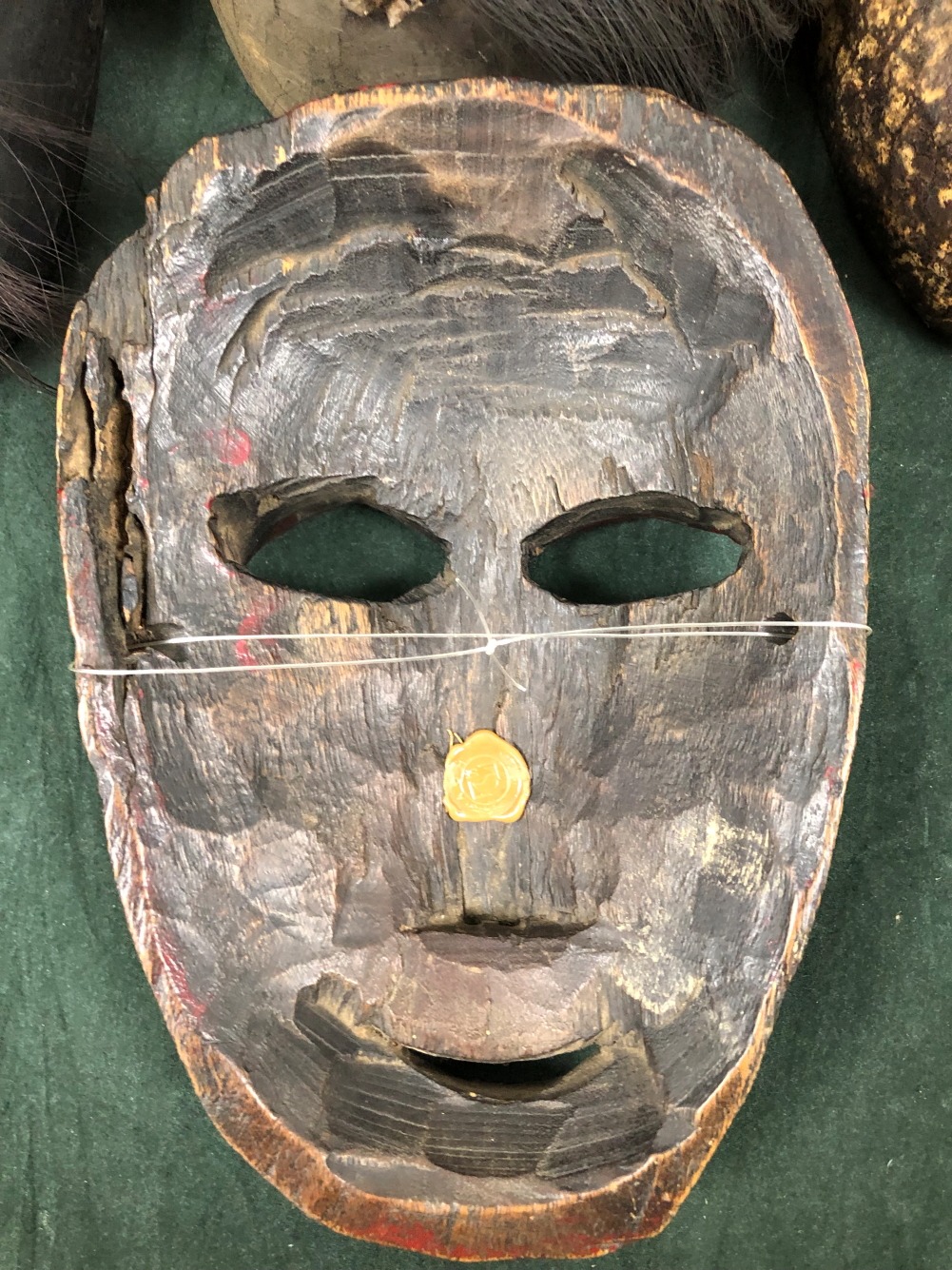 THREE NEPALESE CARVED WOODEN MASKS TOGETHER WITH A YAO WOODEN MASK, THE LARGEST MOUNT WITH HAIR - Image 6 of 18