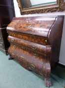 A 19th C. DUTCH FLORAL MARQUETRIED MAHOGANY BUREAU, THE WAVY FALL ABOVE THREE CONVEX AND CONCAVE