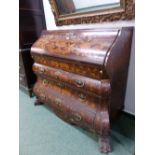 A 19th C. DUTCH FLORAL MARQUETRIED MAHOGANY BUREAU, THE WAVY FALL ABOVE THREE CONVEX AND CONCAVE