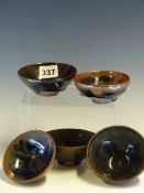 FIVE JIAN WARE BOWLS, MAINLY WITH HARES FUR GLAZES, THE LARGEST. Dia. 9.5cms.