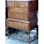 AN 18th CENTURY OAK CHEST ON STAND. H 136 X W 87 X D 48cms.