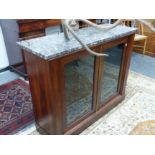 AN EARLY 19th CENTURY ROSEWOOD MARBLE TOPPED GLAZED TWO DOOR SIDE CABINET. H 95 X W 115 X D 41cms.