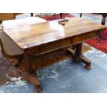 A WILLIAM IV ROSEWOOD TWO DRAWER SIDE TABLE. H 74 X W 137 X D 69cms.