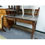 A LATE VICTORIAN AESTHETIC MARBLE TOP TILE BACK WASHSTAND. H 114 X W 123 X D 62cms.