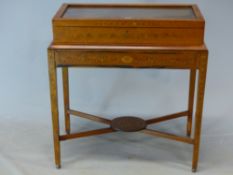 A 19th C. SATINWOOD DISPLAY TABLE, THE GLAZED LID INLAID WITH A DIAMOND BAND, THE BOX LIFTING OFF A