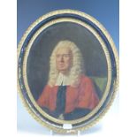 18tH/19th CENTURY ENGLISH SCHOOL OVAL PORTRAIT OF A JUDGE, OIL ON CANVAS 29 x 24 cms