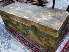A CHINESE CHINOISERIE DECORATED VELLUM TRUNK WITH IRON HANDLES AT THE NARROW ENDS. W 114 x