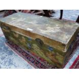 A CHINESE CHINOISERIE DECORATED VELLUM TRUNK WITH IRON HANDLES AT THE NARROW ENDS. W 114 x