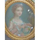 19th CENTURY CONTINENTAL SCHOOL,OVAL PORTRAIT OF A GIRL HOLDING A GARLAND OF FLOWERS SIGNED