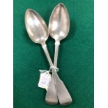 A PAIR OF 19th C. SILVER FIDDLE PATTERN TABLE SPOONS BY DAVID GRAY, DUMFRIES BEARING THE INITIALS Mc