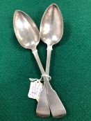 A PAIR OF 19th C. SILVER FIDDLE PATTERN TABLE SPOONS BY DAVID GRAY, DUMFRIES BEARING THE INITIALS Mc